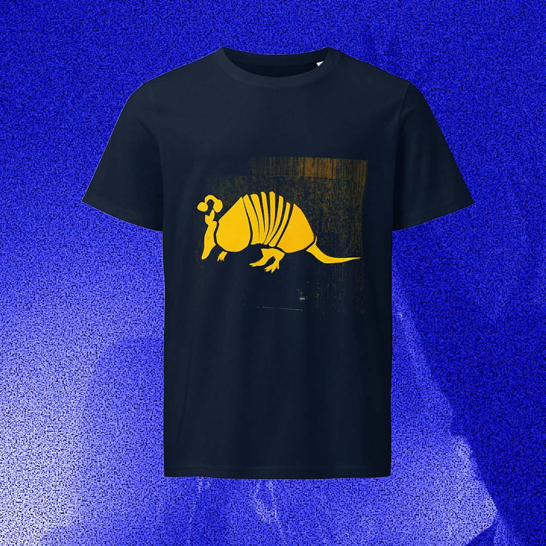 Armadillo, yellow on dark blue, shirt