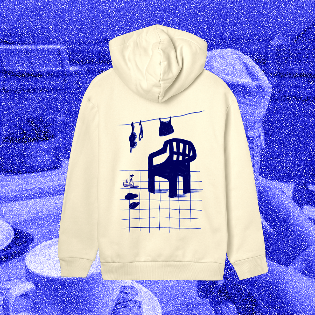 The garden chair, blue on hoodie