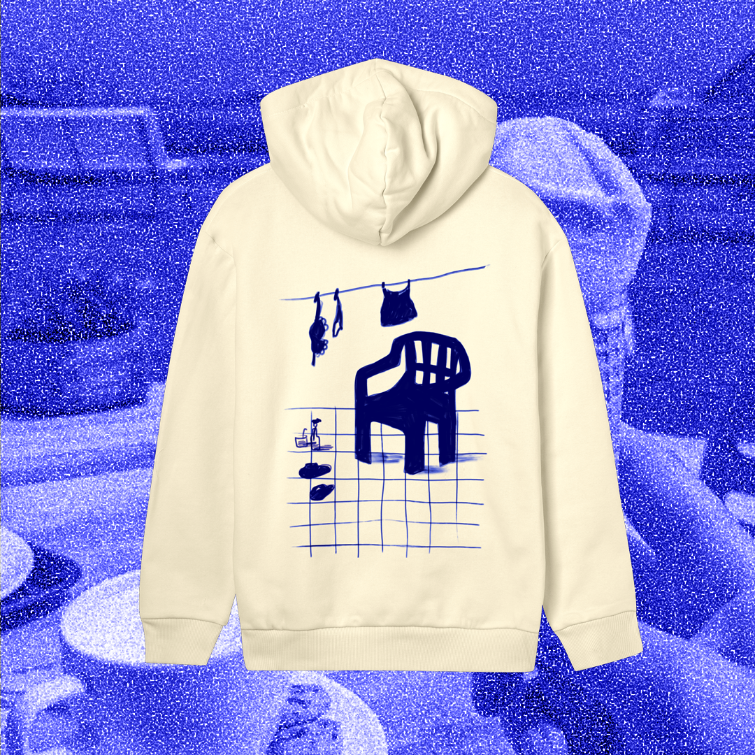The garden chair, blue on hoodie