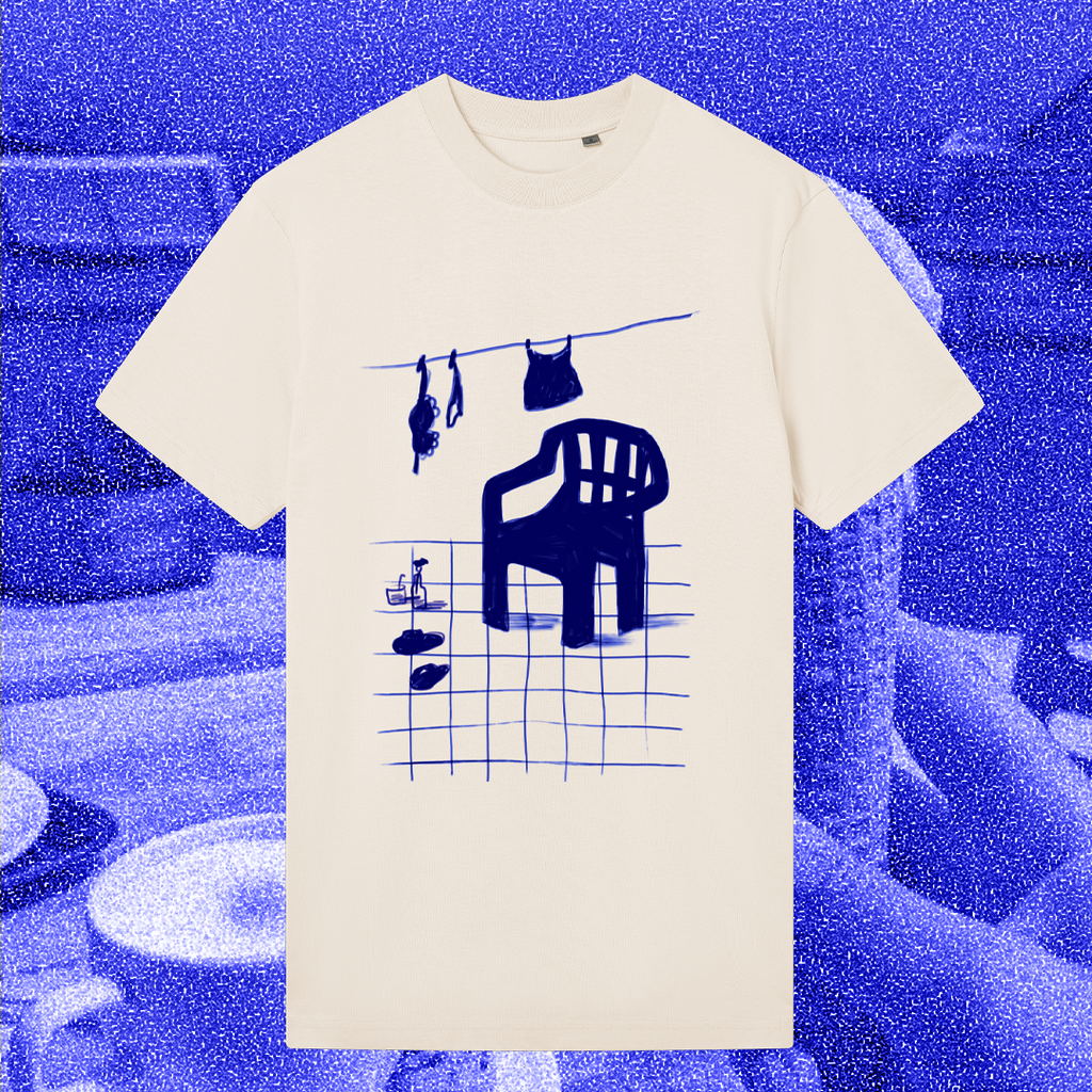 The garden chair, blue on vintage white, shirt