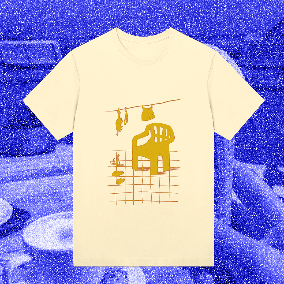 The garden chair, yellow on yellow, shirt