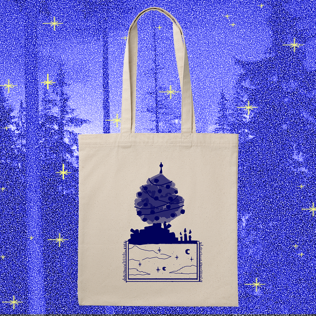 The christmas shopper, blue on natural white
