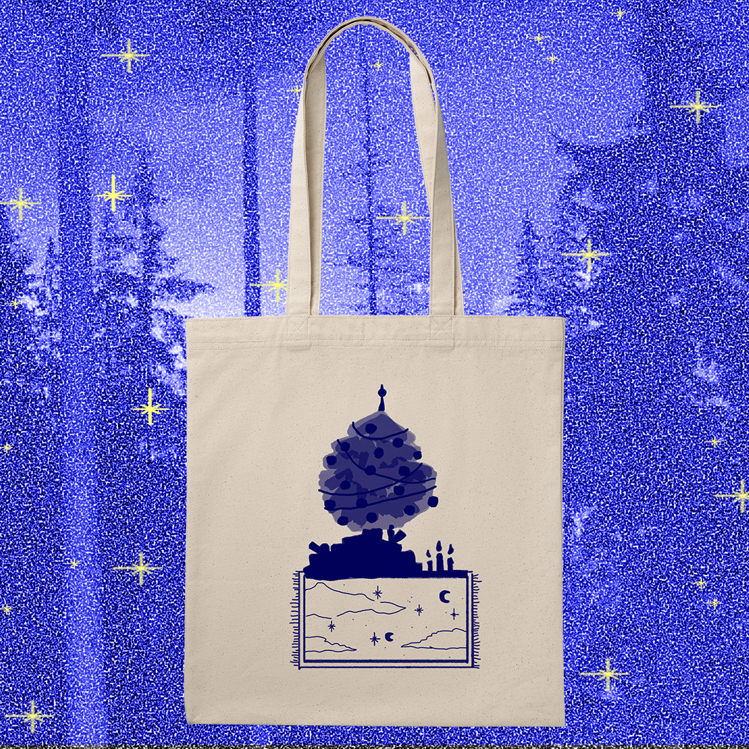 The christmas shopper, blue on natural white