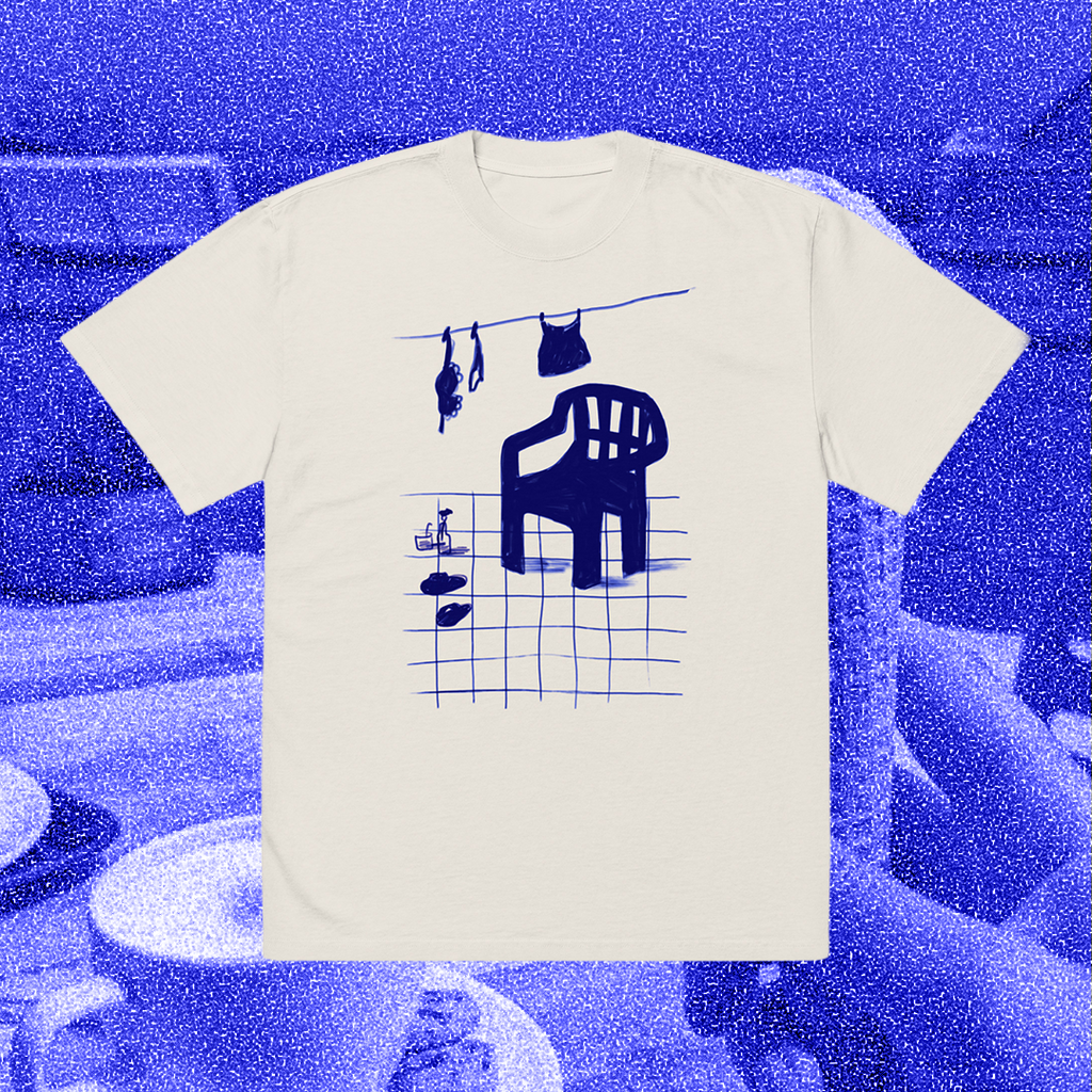 The garden chair, blue on off-white, boxy shirt