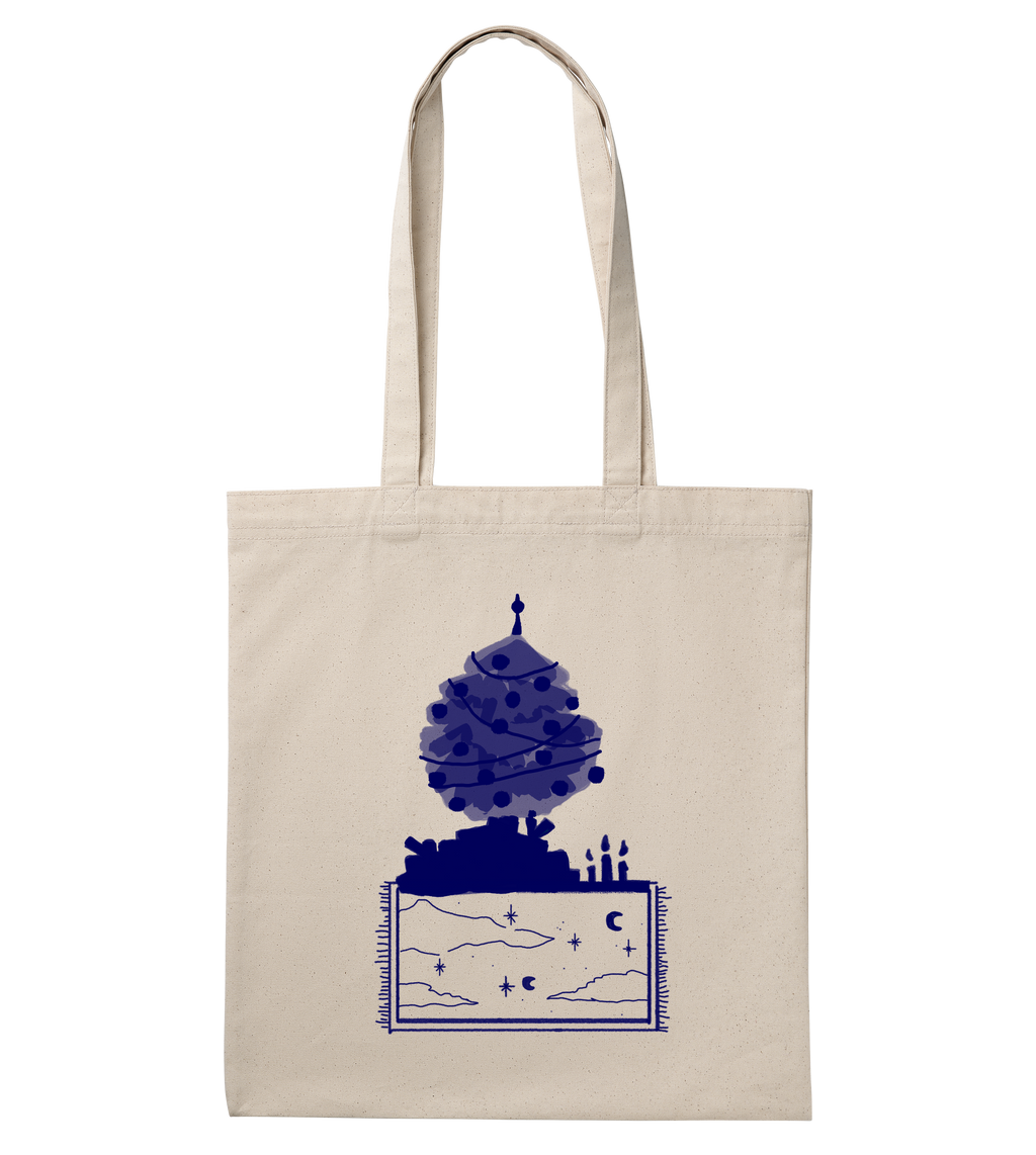 The christmas shopper, blue on natural white