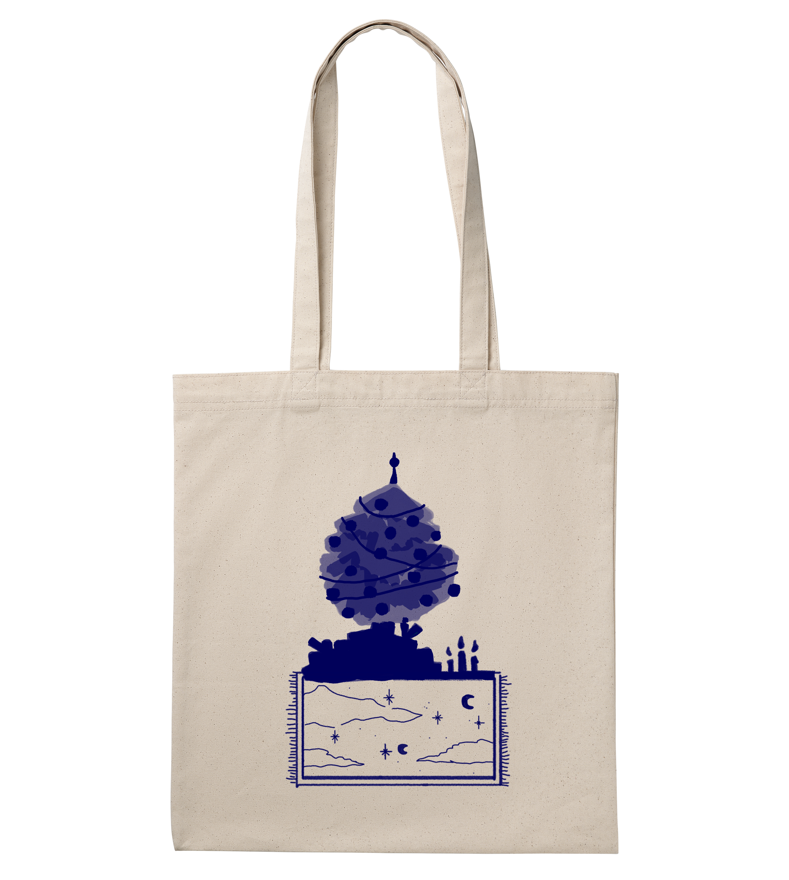 The christmas shopper, blue on natural white