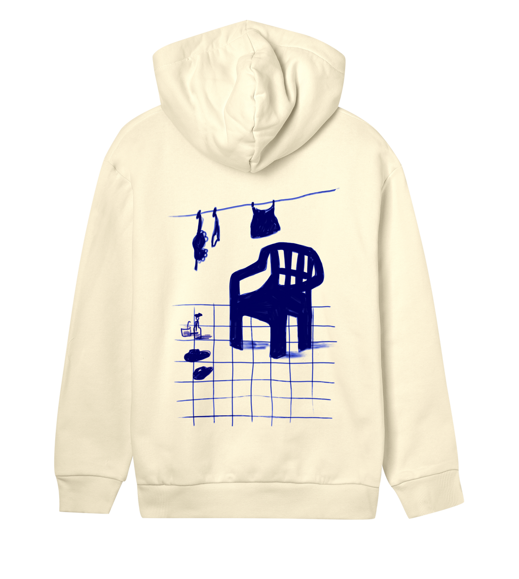 The garden chair, blue on hoodie