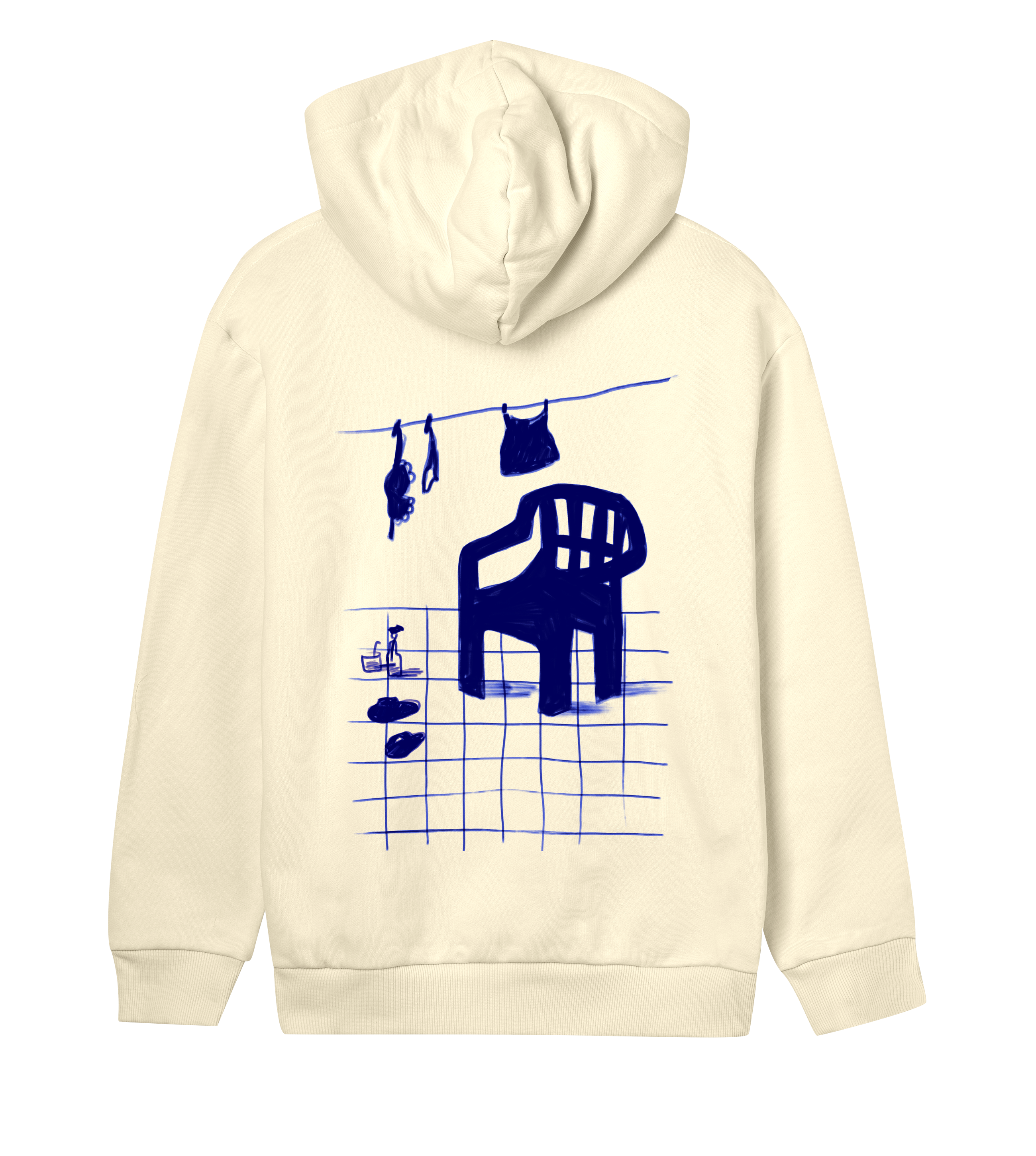 The garden chair, blue on hoodie