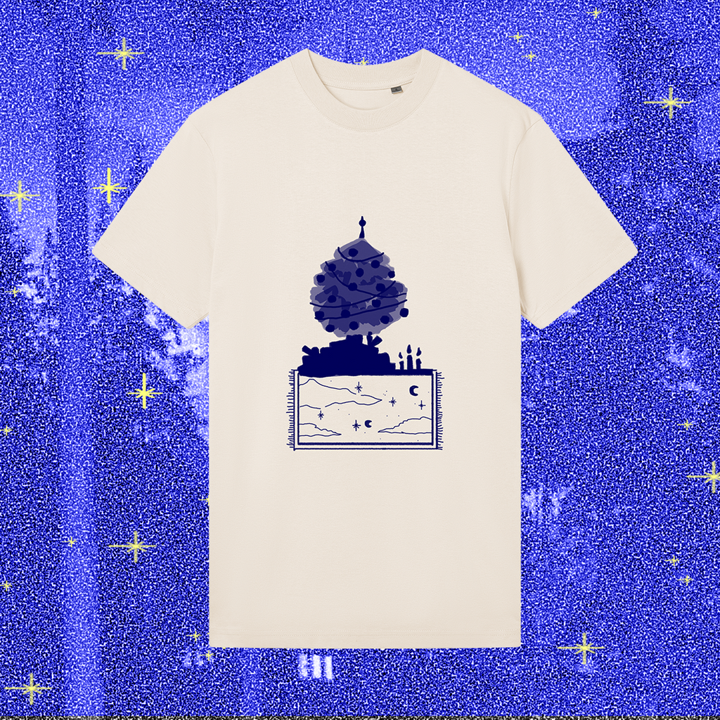 The christmas eveneing, blue on vintage white, shirt
