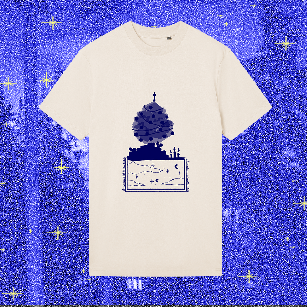 The christmas eveneing, blue on vintage white, shirt